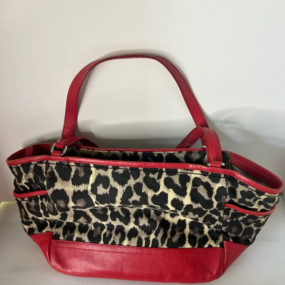 Coach ocelot leopard‎ red Carrie tote handbag
